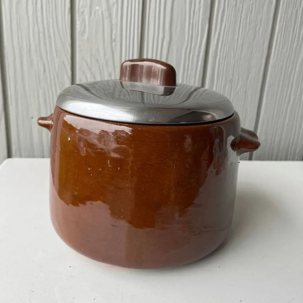 VTG West Bend Brown Glazed Pot Canister Chrome Lid 8.5” Mid Century